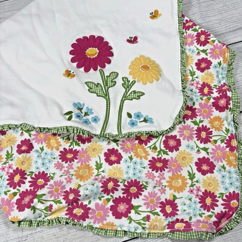 GYMBOREE Spring 2 Floral Embroidered Gingham Ruffled Baby Blanket 2012 Cotton